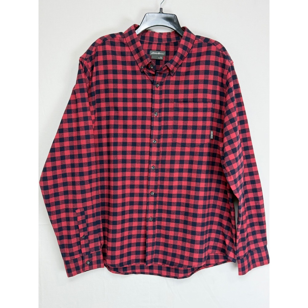 Eddie Bauer Mens Cotton Shirt 2XL Red Navy Buffalo Plaid Button Down EM31LW236P